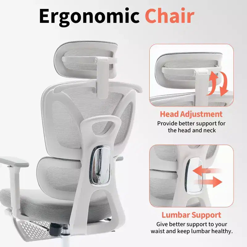 Ergonomic Mesh Office Chair  High Back, Adjustable Lumbar Support, Padded Headrest & Footrest, Wide Breathable Seat, Swivel Computer Desk Chair