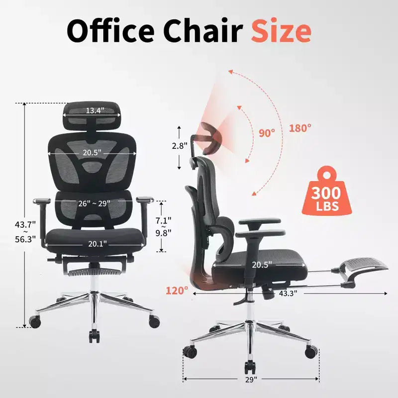 Ergonomic Mesh Office Chair  High Back, Adjustable Lumbar Support, Padded Headrest & Footrest, Wide Breathable Seat, Swivel Computer Desk Chair