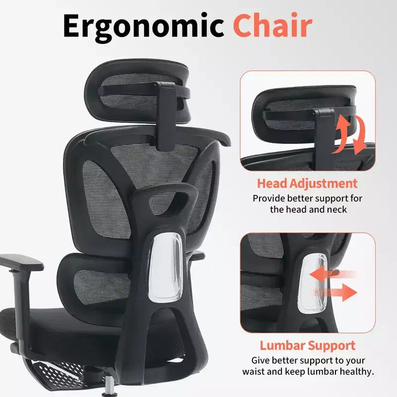 Ergonomic Mesh Office Chair  High Back, Adjustable Lumbar Support, Padded Headrest & Footrest, Wide Breathable Seat, Swivel Computer Desk Chair