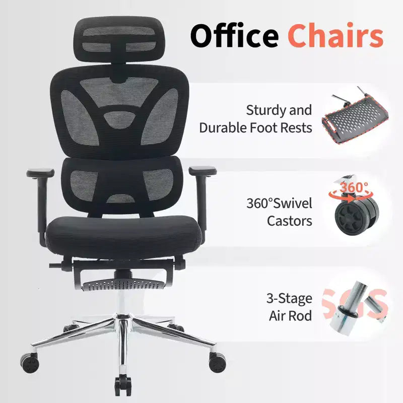 Ergonomic Mesh Office Chair  High Back, Adjustable Lumbar Support, Padded Headrest & Footrest, Wide Breathable Seat, Swivel Computer Desk Chair