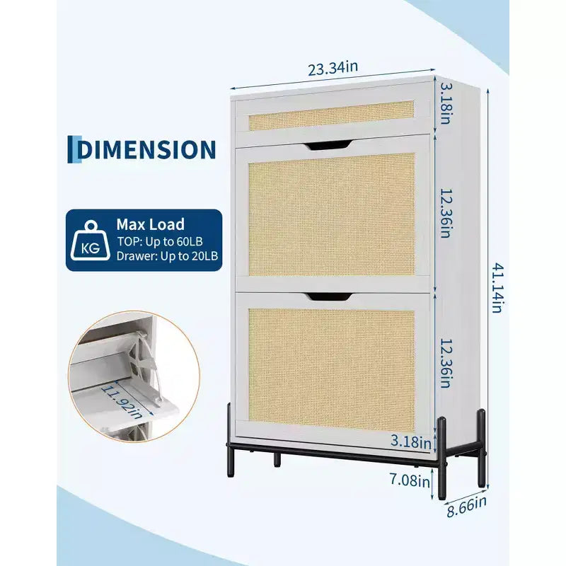 Acekool Rattan Shoe Cabinet, 3 Tier Organizer with Drawers and Adjustable Shelves, Space Saving Entryway Storage