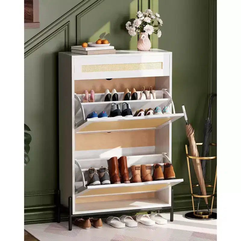 Acekool Rattan Shoe Cabinet, 3 Tier Organizer with Drawers and Adjustable Shelves, Space Saving Entryway Storage