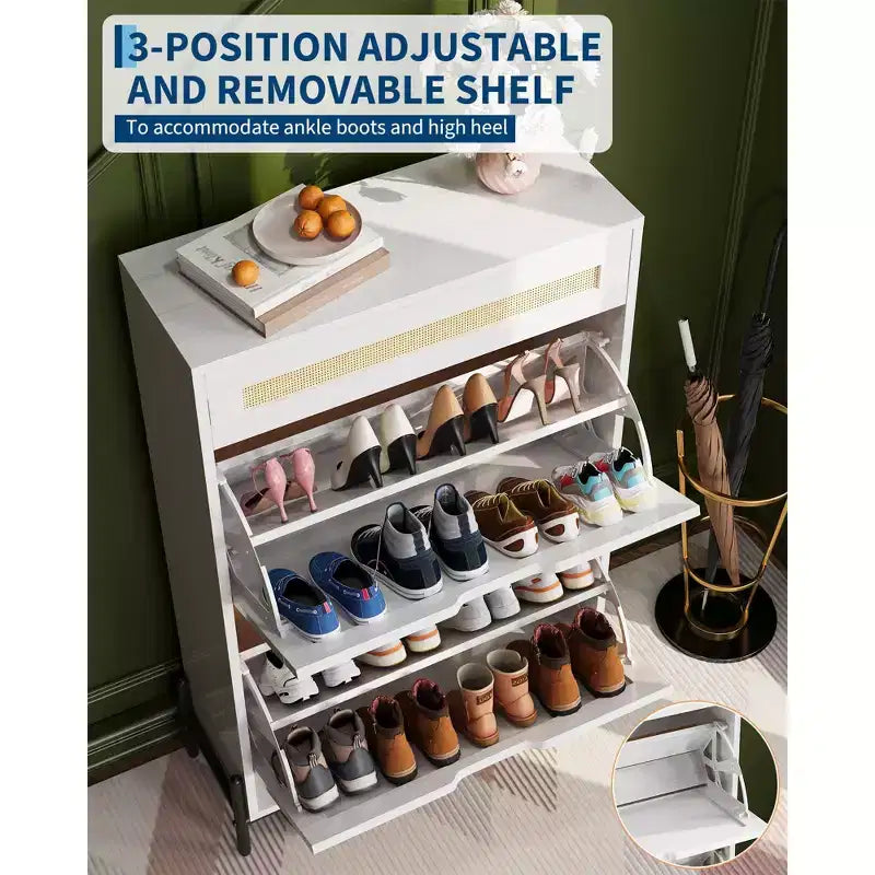 Acekool Rattan Shoe Cabinet, 3 Tier Organizer with Drawers and Adjustable Shelves, Space Saving Entryway Storage