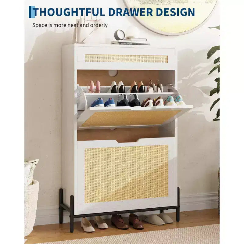 Acekool Rattan Shoe Cabinet, 3 Tier Organizer with Drawers and Adjustable Shelves, Space Saving Entryway Storage