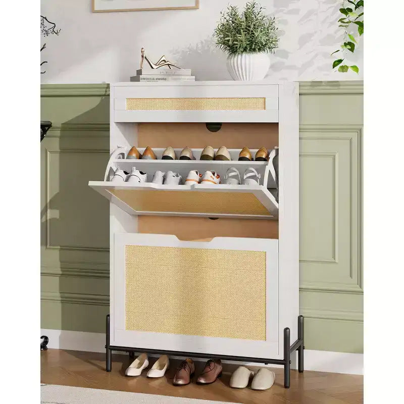 Acekool Rattan Shoe Cabinet, 3 Tier Organizer with Drawers and Adjustable Shelves, Space Saving Entryway Storage