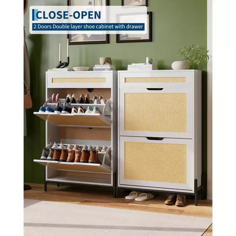 Acekool Rattan Shoe Cabinet, 3 Tier Organizer with Drawers and Adjustable Shelves, Space Saving Entryway Storage