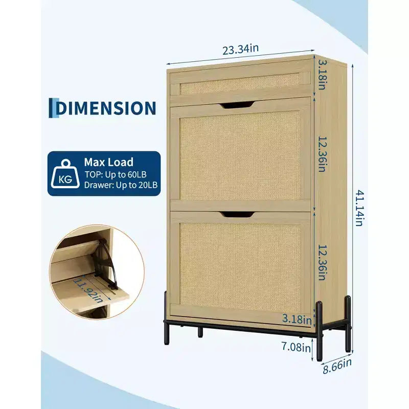 Acekool Rattan Shoe Cabinet, 3 Tier Organizer with Drawers and Adjustable Shelves, Space Saving Entryway Storage