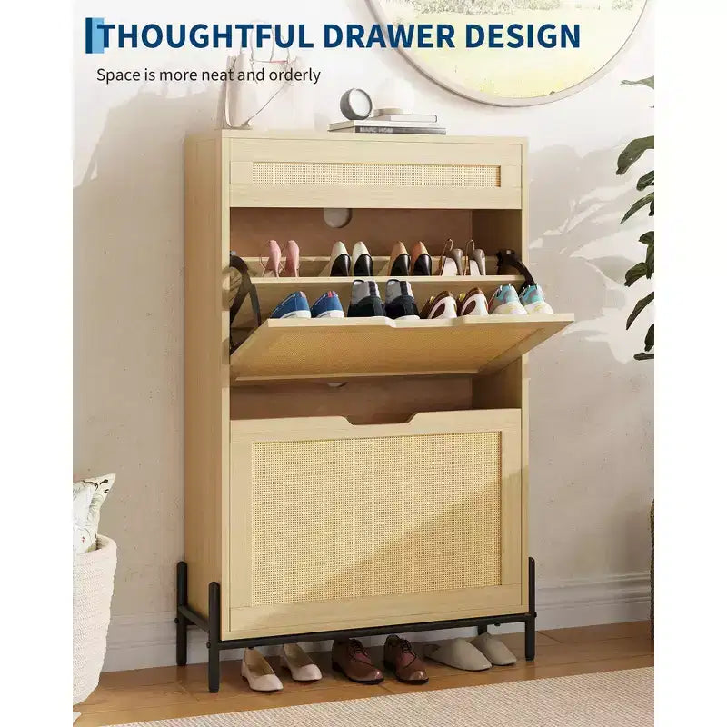 Acekool Rattan Shoe Cabinet, 3 Tier Organizer with Drawers and Adjustable Shelves, Space Saving Entryway Storage