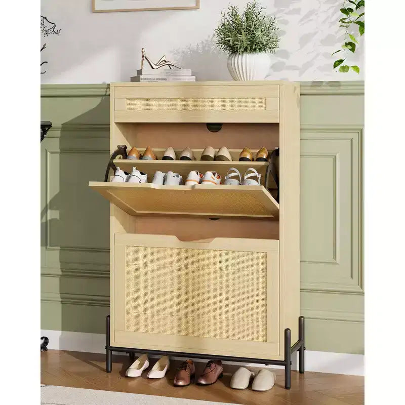 Acekool Rattan Shoe Cabinet, 3 Tier Organizer with Drawers and Adjustable Shelves, Space Saving Entryway Storage