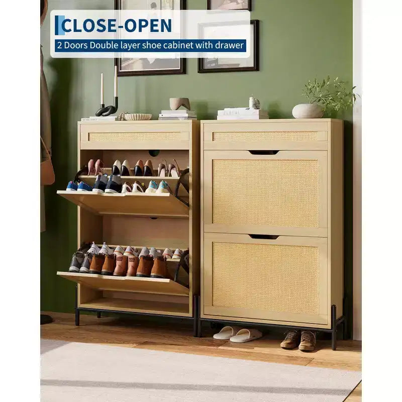 Acekool Rattan Shoe Cabinet, 3 Tier Organizer with Drawers and Adjustable Shelves, Space Saving Entryway Storage