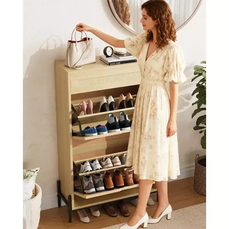 Acekool Rattan Shoe Cabinet, 3 Tier Organizer with Drawers and Adjustable Shelves, Space Saving Entryway Storage