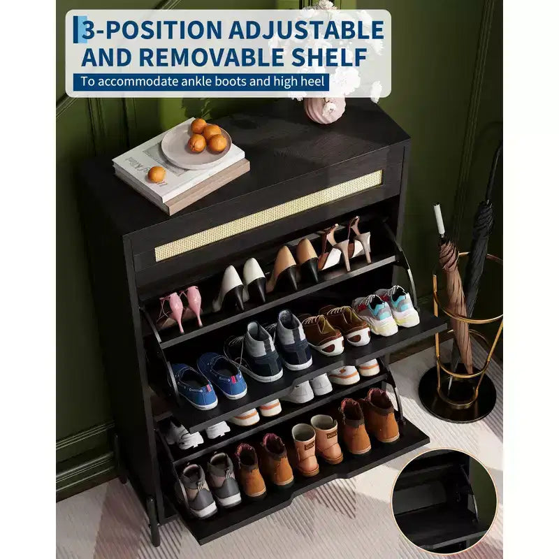 Acekool Rattan Shoe Cabinet, 3 Tier Organizer with Drawers and Adjustable Shelves, Space Saving Entryway Storage
