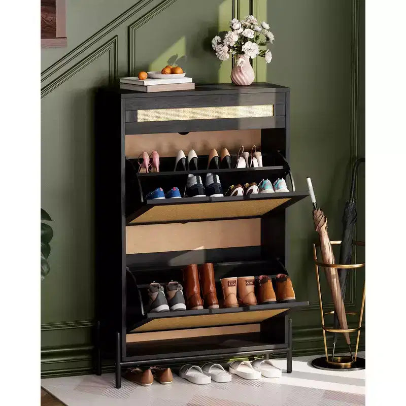 Acekool Rattan Shoe Cabinet, 3 Tier Organizer with Drawers and Adjustable Shelves, Space Saving Entryway Storage