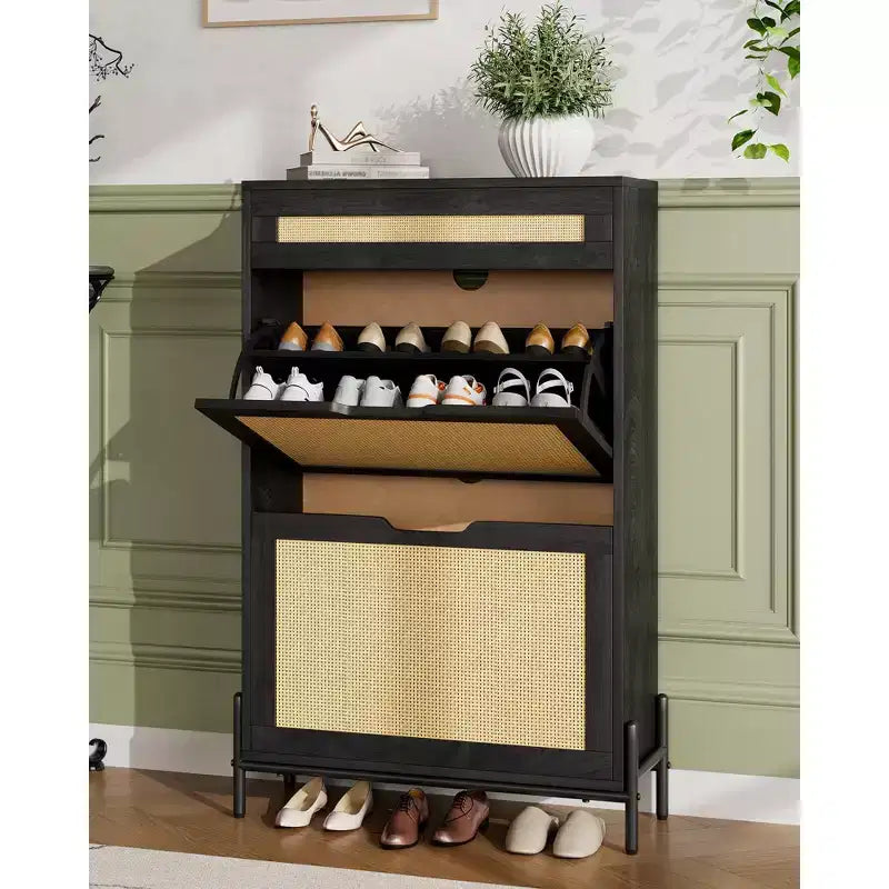 Acekool Rattan Shoe Cabinet, 3 Tier Organizer with Drawers and Adjustable Shelves, Space Saving Entryway Storage
