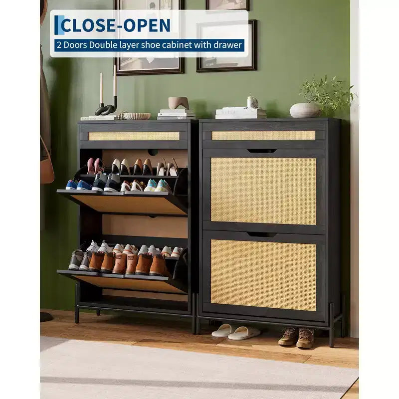 Acekool Rattan Shoe Cabinet, 3 Tier Organizer with Drawers and Adjustable Shelves, Space Saving Entryway Storage
