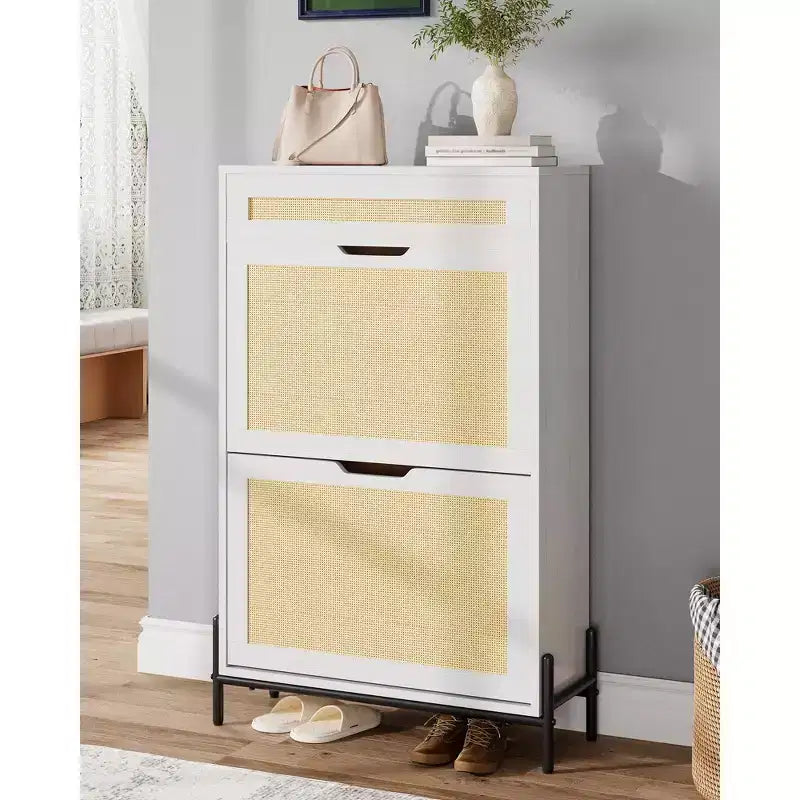 Acekool Rattan Shoe Cabinet, 3 Tier Organizer with Drawers and Adjustable Shelves, Space Saving Entryway Storage