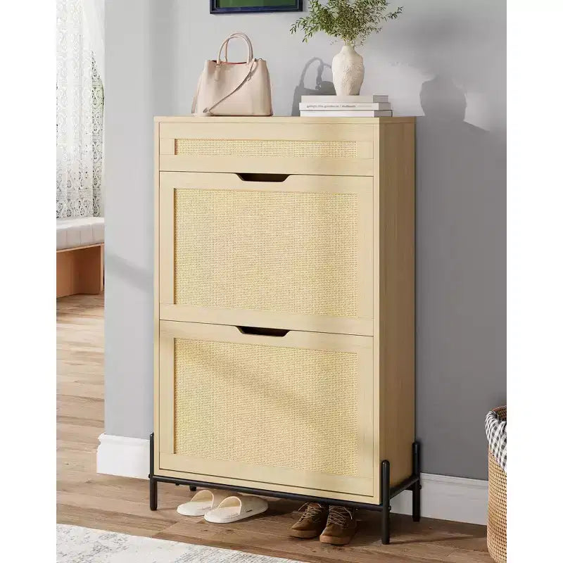 Acekool Rattan Shoe Cabinet, 3 Tier Organizer with Drawers and Adjustable Shelves, Space Saving Entryway Storage