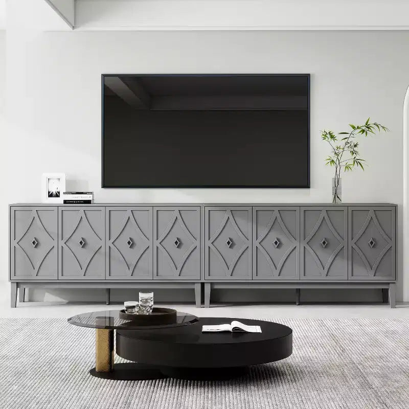 GDFStudio Surachai Modern Wooden Sideboard Buffet Cabinet with 4 Hand-Carved Geometric Doors and Adjustable Shelves