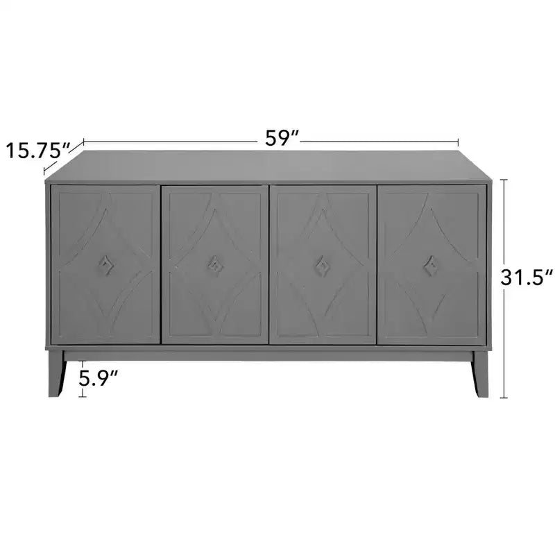 GDFStudio Surachai Modern Wooden Sideboard Buffet Cabinet with 4 Hand-Carved Geometric Doors and Adjustable Shelves