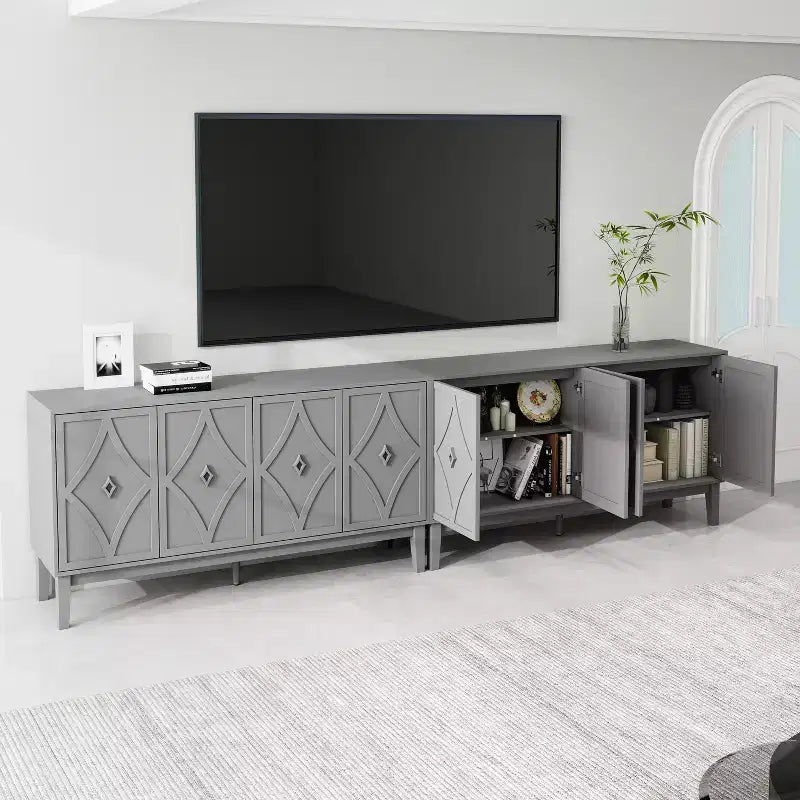 GDFStudio Surachai Modern Wooden Sideboard Buffet Cabinet with 4 Hand-Carved Geometric Doors and Adjustable Shelves