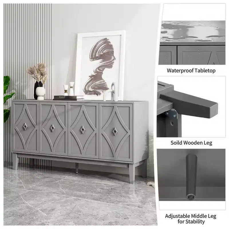 GDFStudio Surachai Modern Wooden Sideboard Buffet Cabinet with 4 Hand-Carved Geometric Doors and Adjustable Shelves