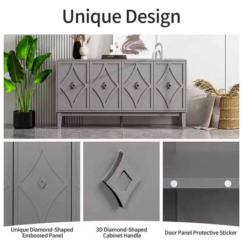 GDFStudio Surachai Modern Wooden Sideboard Buffet Cabinet with 4 Hand-Carved Geometric Doors and Adjustable Shelves