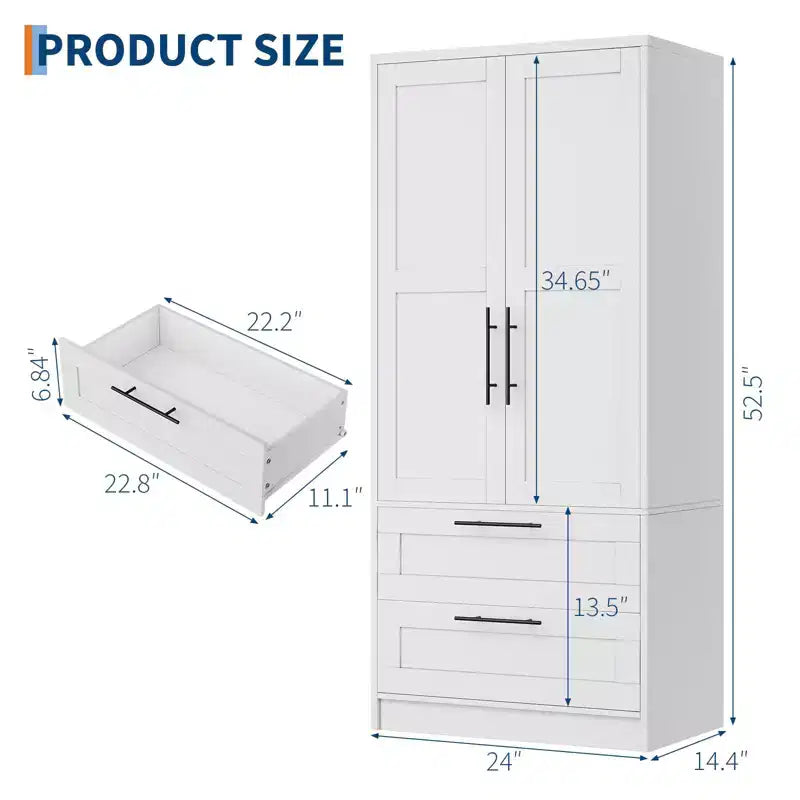 2-Door Wooden Wardrobe with 2 Drawers and Shelf for Hanging Clothes, Freestanding Bedroom Storage Cabinet for Bedroom Living Room