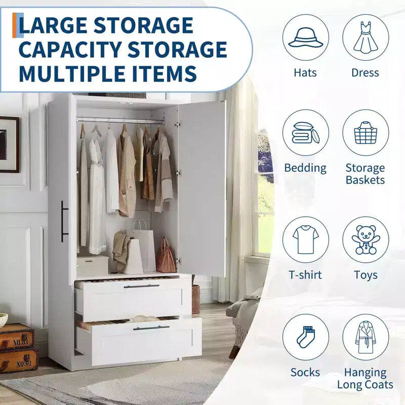 2-Door Wooden Wardrobe with 2 Drawers and Shelf for Hanging Clothes, Freestanding Bedroom Storage Cabinet for Bedroom Living Room