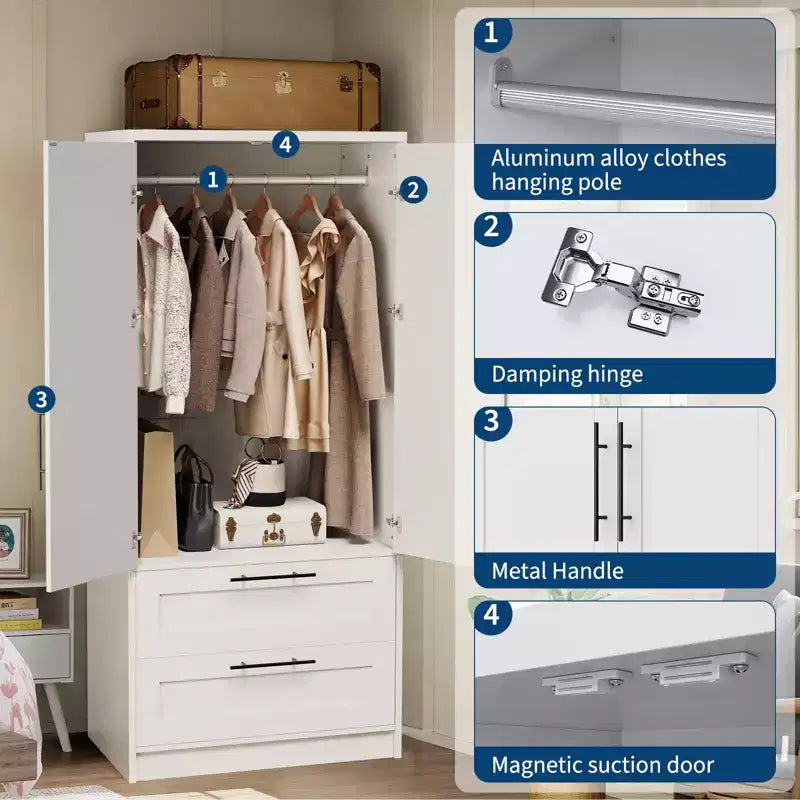 2-Door Wooden Wardrobe with 2 Drawers and Shelf for Hanging Clothes, Freestanding Bedroom Storage Cabinet for Bedroom Living Room