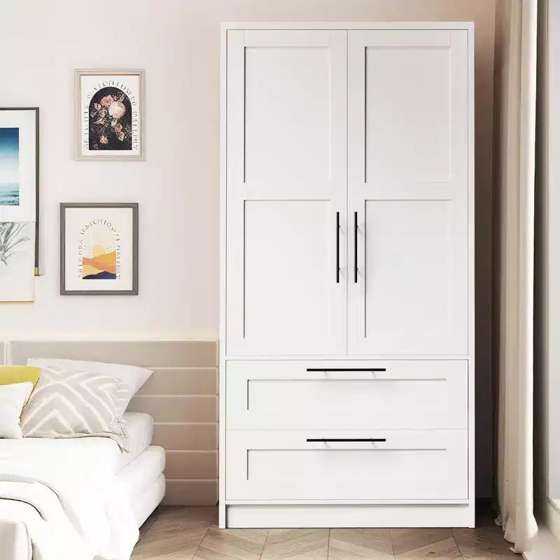 2-Door Wooden Wardrobe with 2 Drawers and Shelf for Hanging Clothes, Freestanding Bedroom Storage Cabinet for Bedroom Living Room