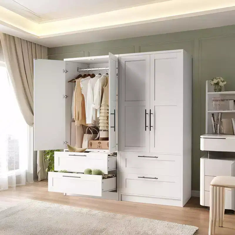 2-Door Wooden Wardrobe with 2 Drawers and Shelf for Hanging Clothes, Freestanding Bedroom Storage Cabinet for Bedroom Living Room