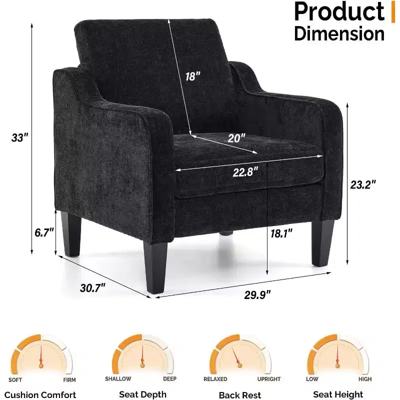 VINGLI Living Room Chairs , Black Accent Chair 5.5 Thick Seat Cushion Comfy Chair Soft Chenille Side Chair Upholstered Arm Chair