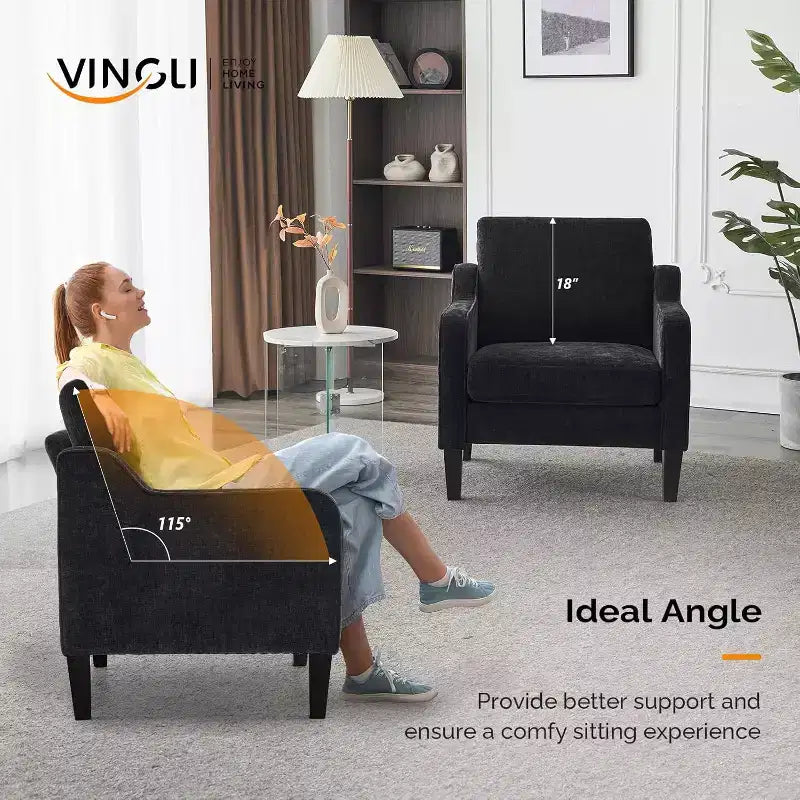 VINGLI Living Room Chairs , Black Accent Chair 5.5 Thick Seat Cushion Comfy Chair Soft Chenille Side Chair Upholstered Arm Chair