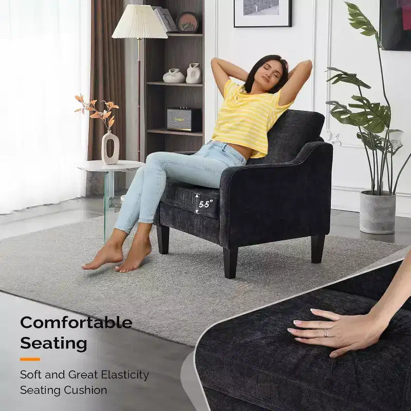VINGLI Living Room Chairs , Black Accent Chair 5.5 Thick Seat Cushion Comfy Chair Soft Chenille Side Chair Upholstered Arm Chair