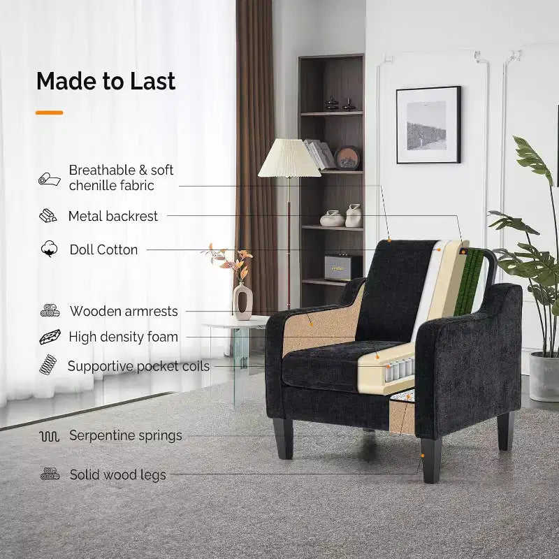 VINGLI Living Room Chairs , Black Accent Chair 5.5 Thick Seat Cushion Comfy Chair Soft Chenille Side Chair Upholstered Arm Chair