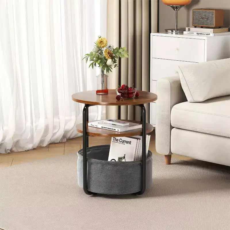 3-Tier Round Side Table with Storage Basket, 23.6 H Small Accent End Table Nightstand for Living Room Bedroom Corner