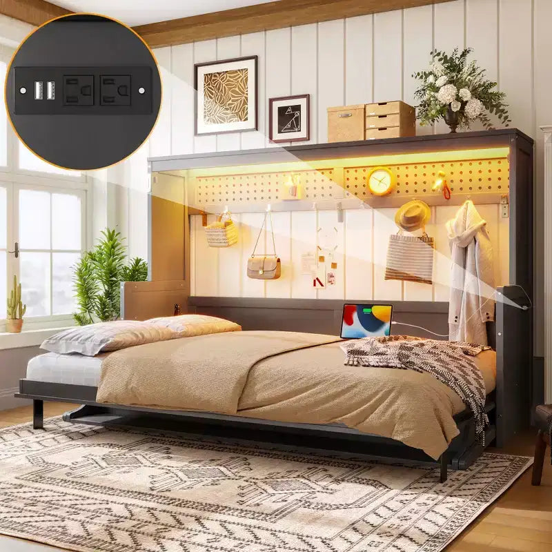 GDFStudio Dalton Wood Murphy Bed with Built-in Desk and USB Charging Station