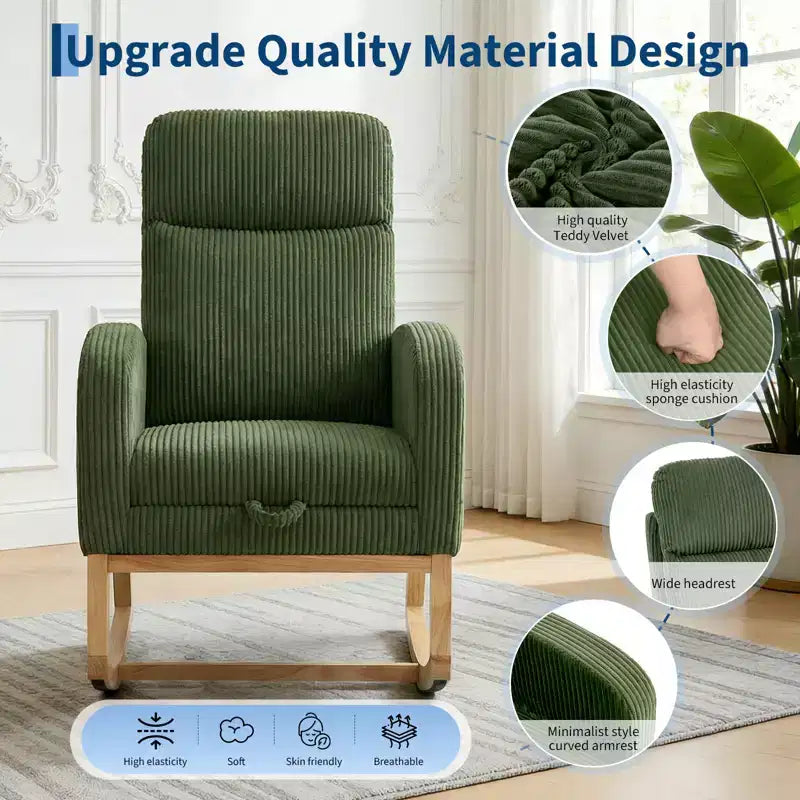 Nursery Rocking Chair with Adjustable Footrest - Tufted Upholstered Glider Rocker with Side Pocket for Living Room, Bedroom, Baby Nursery