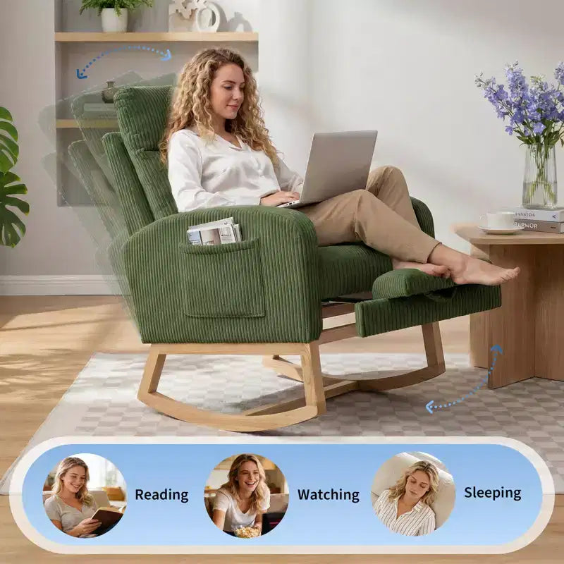 Nursery Rocking Chair with Adjustable Footrest - Tufted Upholstered Glider Rocker with Side Pocket for Living Room, Bedroom, Baby Nursery