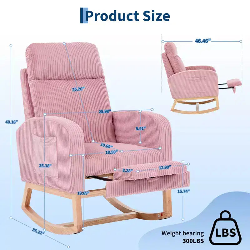 Nursery Rocking Chair with Adjustable Footrest - Tufted Upholstered Glider Rocker with Side Pocket for Living Room, Bedroom, Baby Nursery