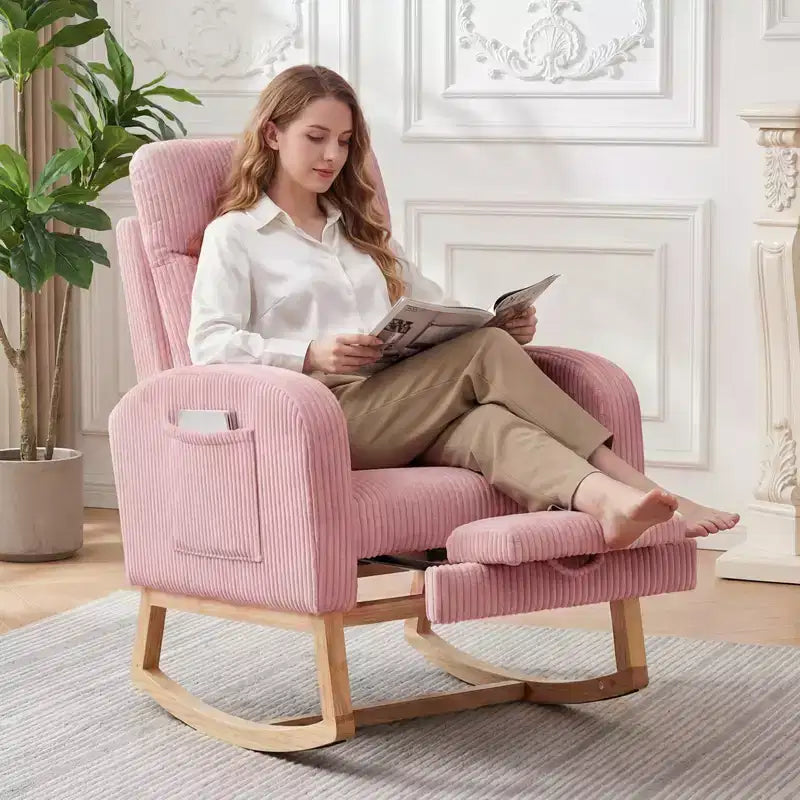 Nursery Rocking Chair with Adjustable Footrest - Tufted Upholstered Glider Rocker with Side Pocket for Living Room, Bedroom, Baby Nursery