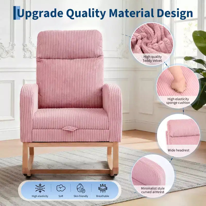 Nursery Rocking Chair with Adjustable Footrest - Tufted Upholstered Glider Rocker with Side Pocket for Living Room, Bedroom, Baby Nursery