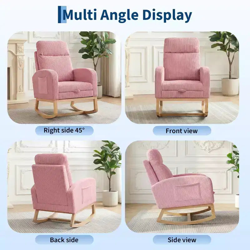 Nursery Rocking Chair with Adjustable Footrest - Tufted Upholstered Glider Rocker with Side Pocket for Living Room, Bedroom, Baby Nursery