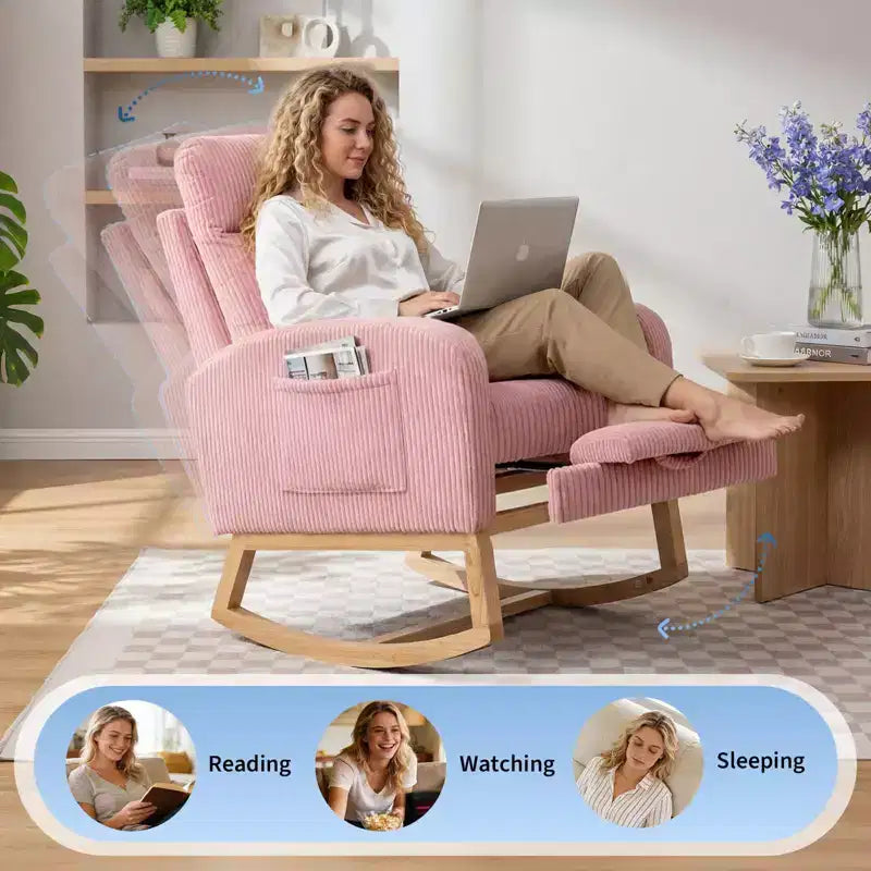 Nursery Rocking Chair with Adjustable Footrest - Tufted Upholstered Glider Rocker with Side Pocket for Living Room, Bedroom, Baby Nursery