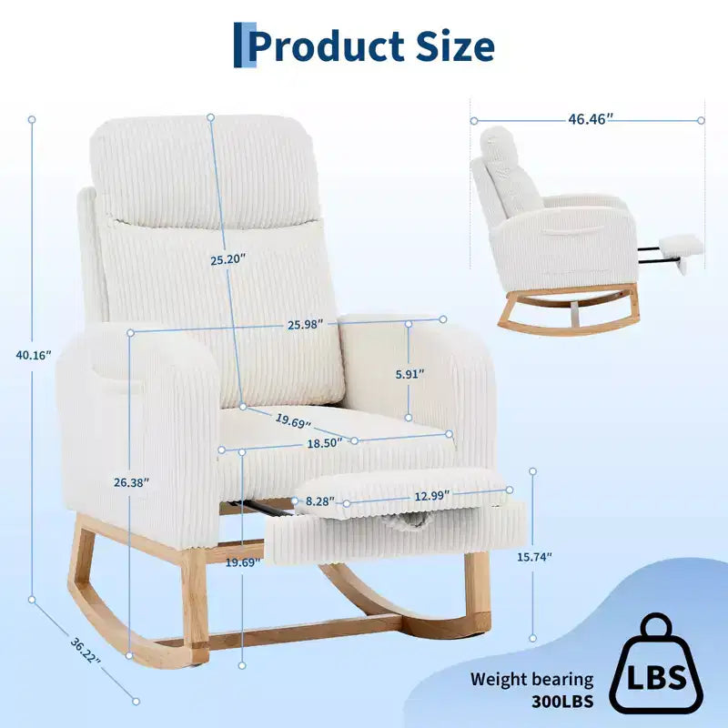 Nursery Rocking Chair with Adjustable Footrest - Tufted Upholstered Glider Rocker with Side Pocket for Living Room, Bedroom, Baby Nursery
