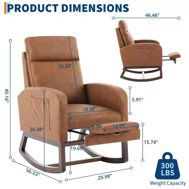 Nursery Rocking Chair with Adjustable Footrest - Tufted Upholstered Glider Rocker with Side Pocket for Living Room, Bedroom, Baby Nursery