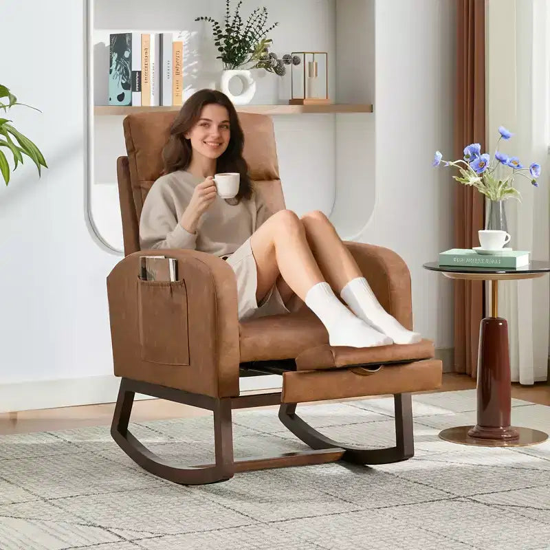 Nursery Rocking Chair with Adjustable Footrest - Tufted Upholstered Glider Rocker with Side Pocket for Living Room, Bedroom, Baby Nursery