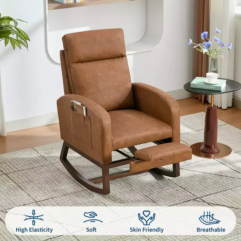 Nursery Rocking Chair with Adjustable Footrest - Tufted Upholstered Glider Rocker with Side Pocket for Living Room, Bedroom, Baby Nursery