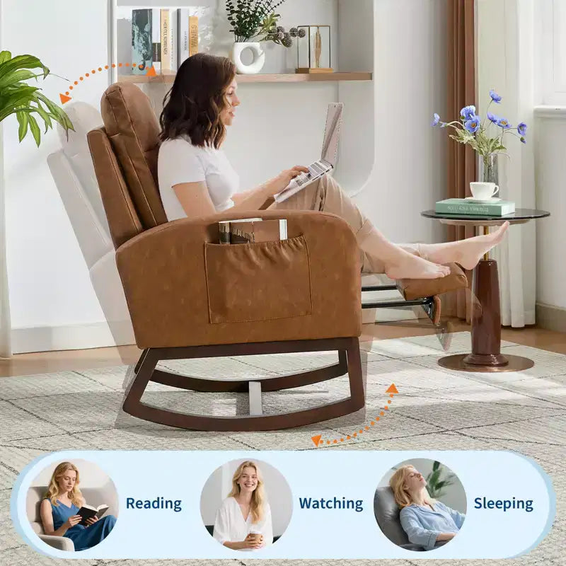 Nursery Rocking Chair with Adjustable Footrest - Tufted Upholstered Glider Rocker with Side Pocket for Living Room, Bedroom, Baby Nursery