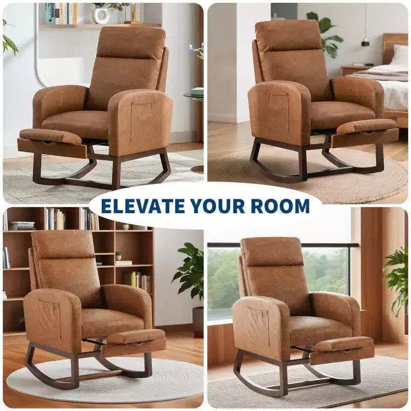 Nursery Rocking Chair with Adjustable Footrest - Tufted Upholstered Glider Rocker with Side Pocket for Living Room, Bedroom, Baby Nursery